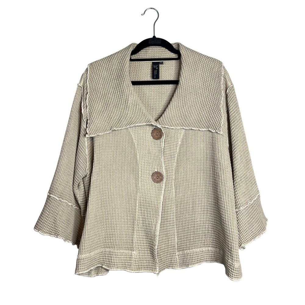 Focus Casual Life Waffle Weave Cardigan Sz M Jacket Boho Artsy Lagenlook Beige